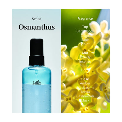 Note parfum Lador Keratin Layered Oil Mist Osmanthus cu bergamota citrice flori si note de ambra