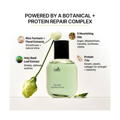 Lador Perfumed Hair Oil Our Leaf ulei de par cu ferment de orez extracte botanice si uleiuri hranitoare pentru repararea parului