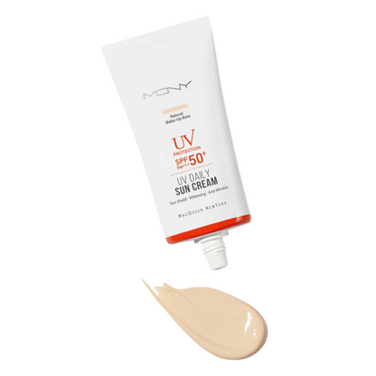 MACQUEEN UV Daily Sun Cream Natural Make-Up Base SPF50, cremă de protecție solară cu efect de bază de machiaj naturală și luminoasă