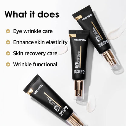 Crema de ochi MEDIPEEL Peptide 9 Hyaluronic Volumy, cu peptide si acid hialuronic, pentru zona ochilor, efect de lifting si hidratare intensa.