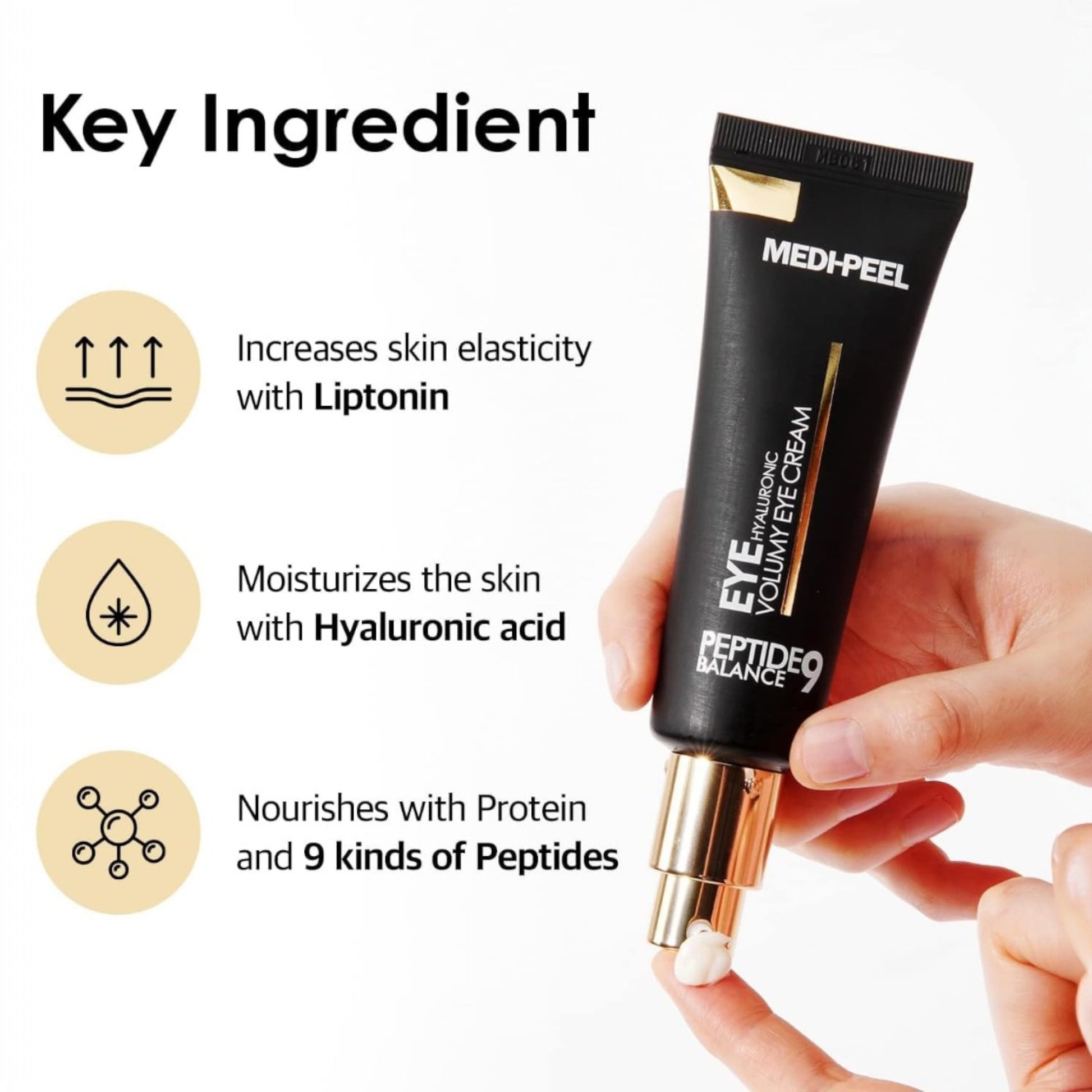 Crema de ochi MEDIPEEL Peptide 9 Hyaluronic Volumy, cu peptide si acid hialuronic, pentru zona ochilor, efect de lifting si hidratare intensa.