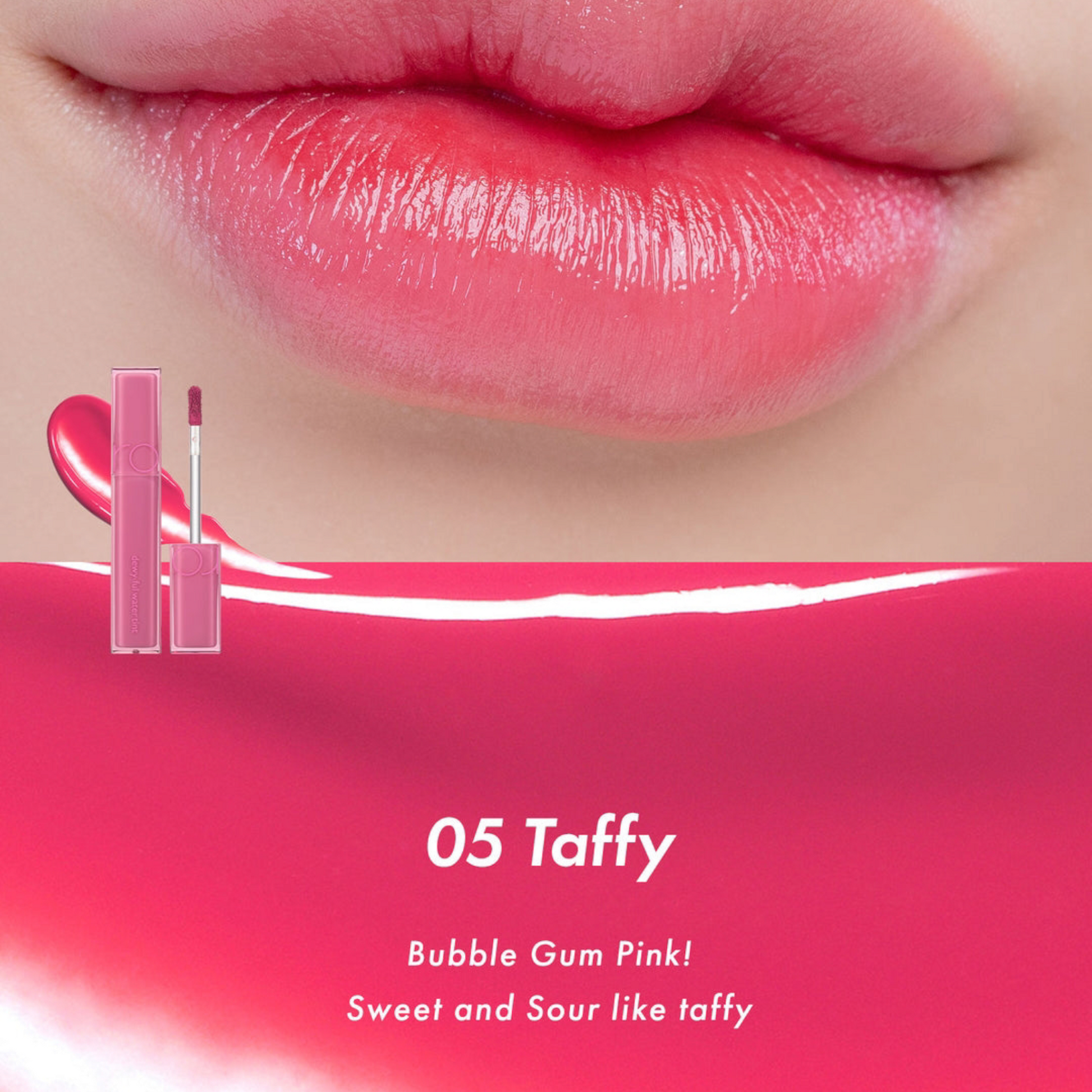 ROM&ND Dewyful Water Tint 05 Taffy, ruj lichid roz caramel care oferă buzelor o culoare dulce și un luciu delicat