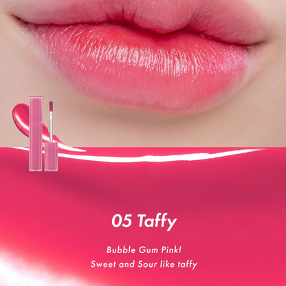 ROM&ND Dewyful Water Tint 05 Taffy, ruj lichid roz caramel care oferă buzelor o culoare dulce și un luciu delicat
