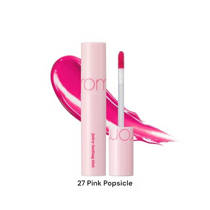 ROM&ND Juicy Lasting Tint 27 Pink Popsicle, ruj lichid roz vibrant care oferă buzelor culoare intensă și luciu proaspăt