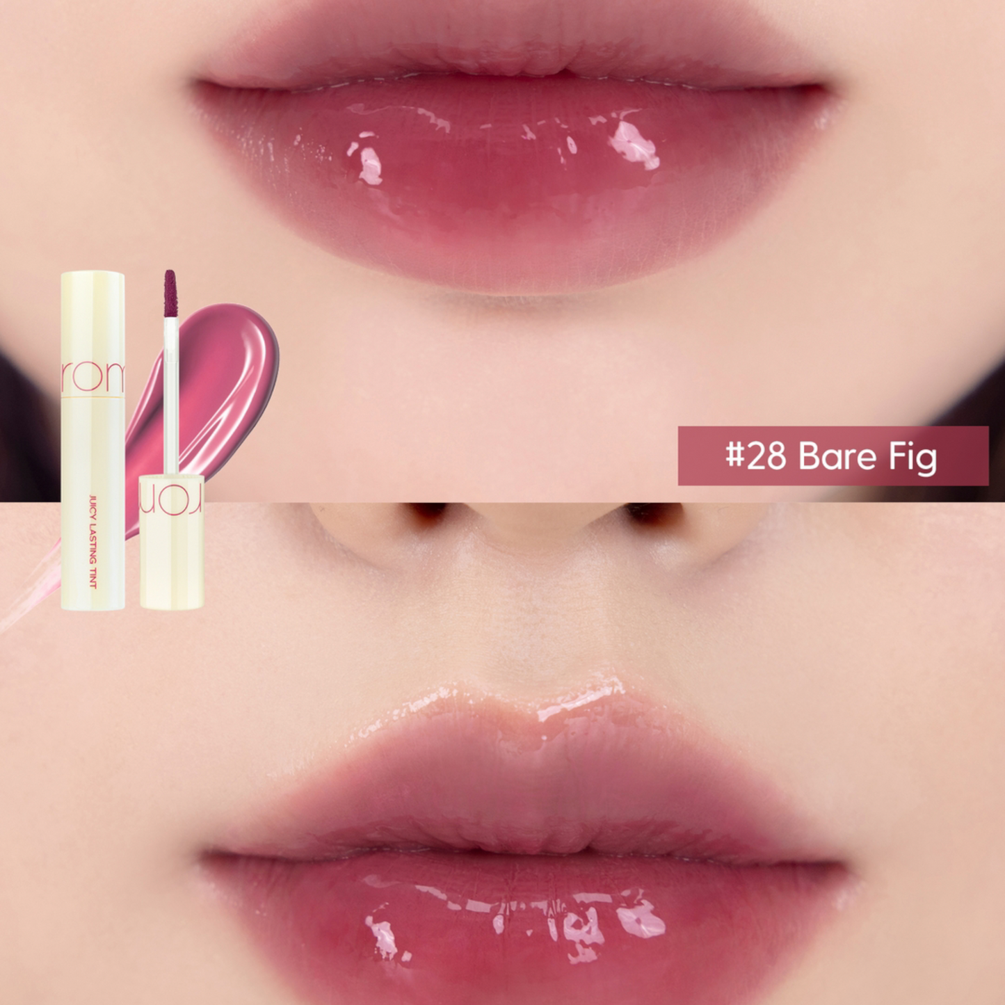ROM&ND Juicy Lasting Tint 28 Bare Fig, ruj lichid cu nuanță de smochină care oferă buzelor culoare intensă și luciu natural